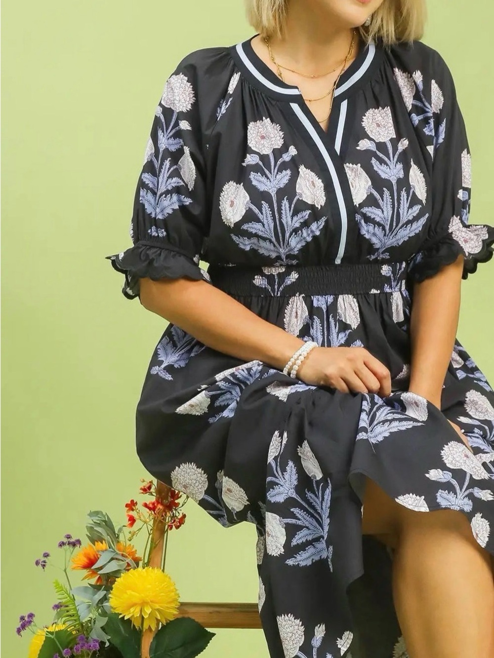 Umgee Black Floral Tiered Midi Dress with White and Lavender Embroidery